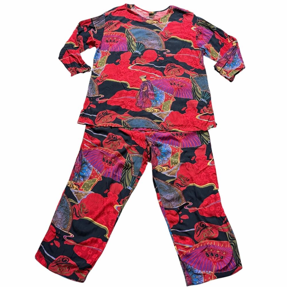 VINTAGE NJERI DESIGNS 2PC GEISHA PRINT LOUNGE SET TOP & PANTS RED BLACK ASIAN